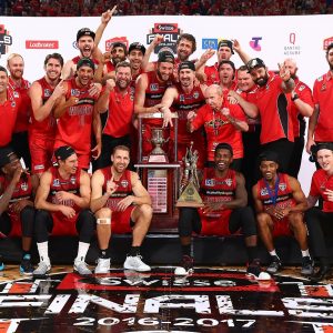 PERTH, AUSTRALIA - MARCH 05: The Wildcats celebrate with the trophy after winning game three and the NBL Grand Final series between the Perth Wildcats and the Illawarra Hawks at Perth Arena on March 5, 2017 in Perth, Australia. (Photo by Paul Kane/Getty Images)